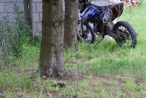 motocykl Yamaha przy drzewie i budynku